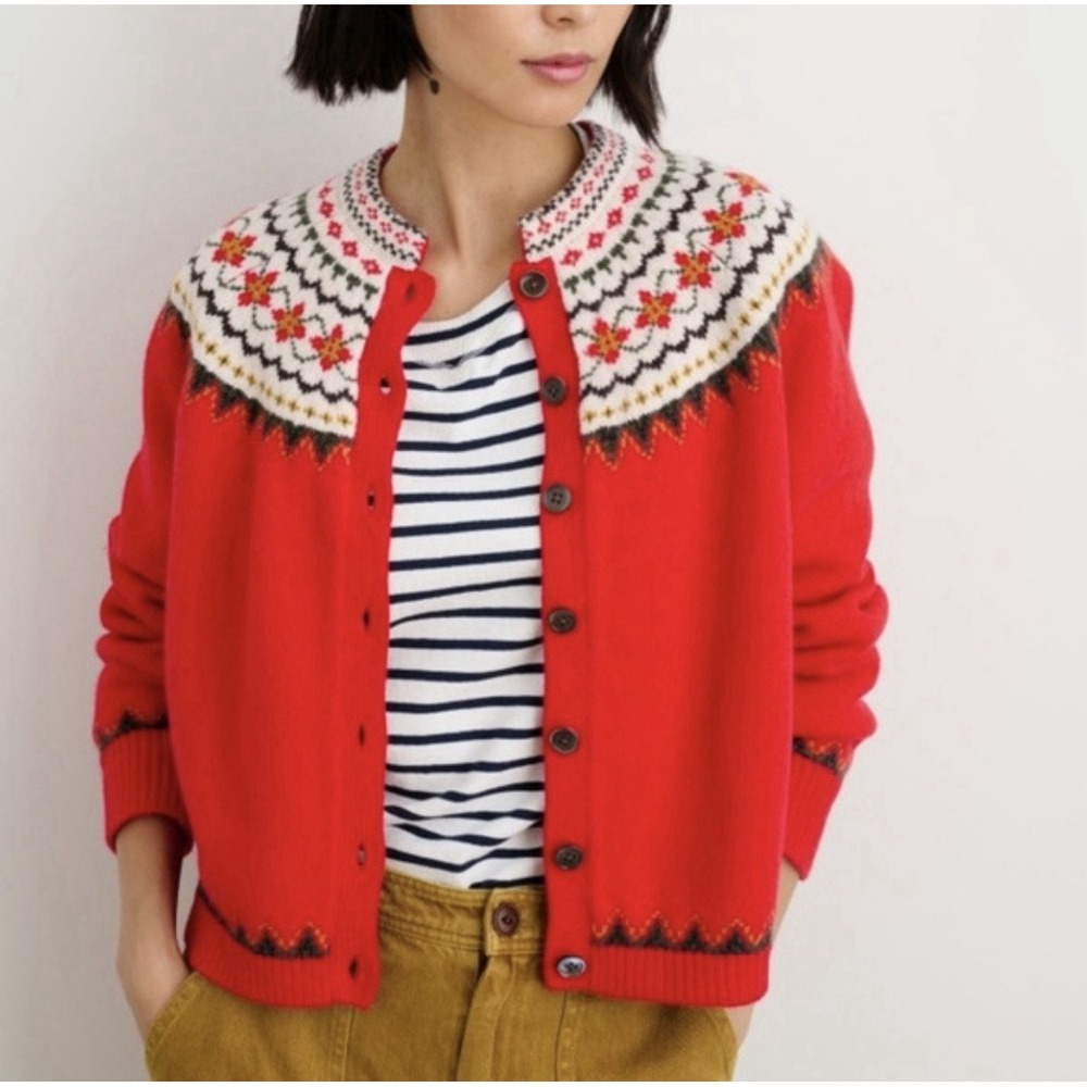 Alex Mill Holder Fair Isle Red Merino Wool Button Front Cardigan Women's Sz L